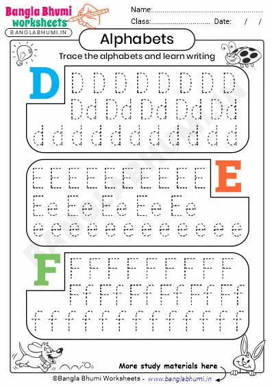 English Alphabets Tracing Worksheet D-E-F