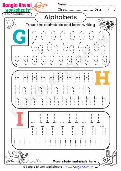 English Alphabets Tracing Worksheet G-H-I