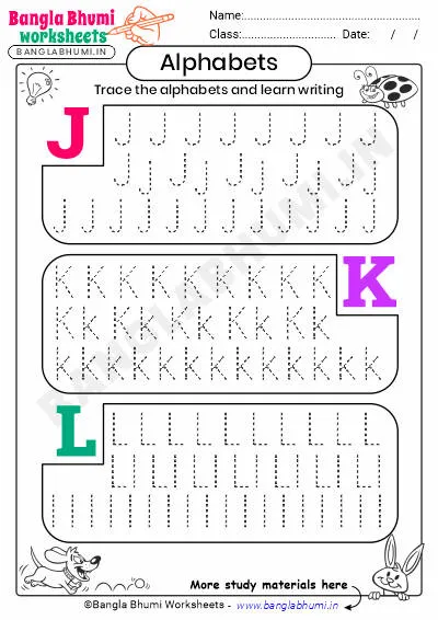 English Alphabets Tracing Worksheet J-K-L