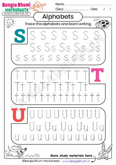 English Alphabets Tracing Worksheet S-T-U