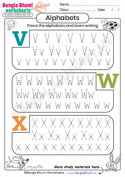 English Alphabets Tracing Worksheet V-W-X