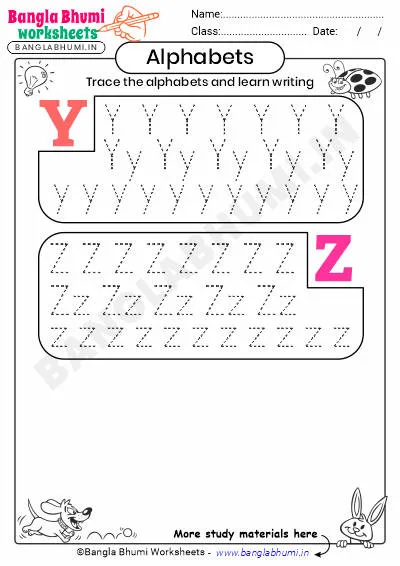 English Alphabets Tracing Worksheet Y-Z