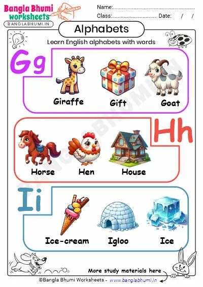 English Alphabet with Words Worksheet GHI