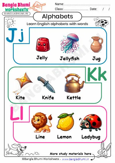 English Alphabet with Words Worksheet JKL