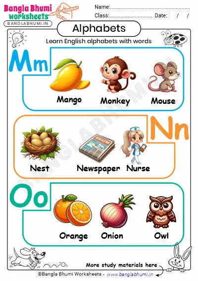 English Alphabet with Words Worksheet MNO