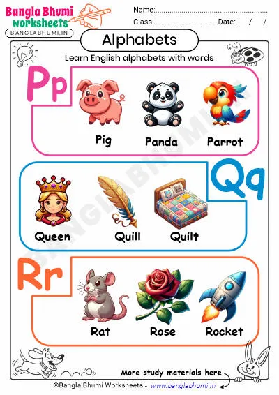 English Alphabet with Words Worksheet PQR