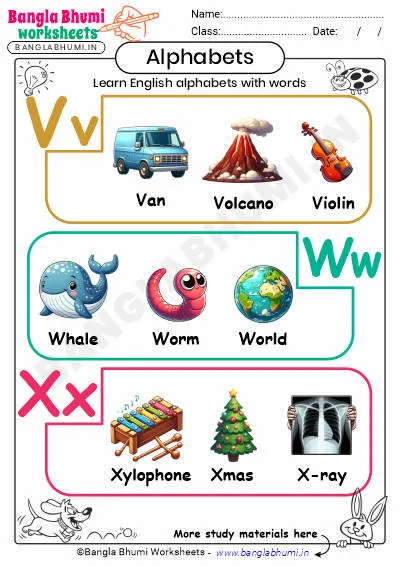 English Alphabet with Words Worksheet VWX