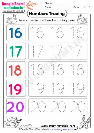 Free English Numbers Tracing Worksheet 16-20 PDF