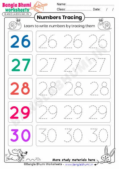 Free English Numbers Tracing Worksheet 26-30 PDF