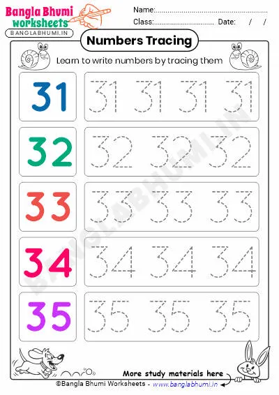 Free English Numbers Tracing Worksheet 31-35 PDF