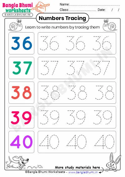 Free English Numbers Tracing Worksheet 36-40 PDF