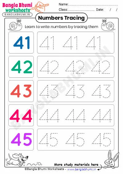 Free English Numbers Tracing Worksheet 41-45 PDF