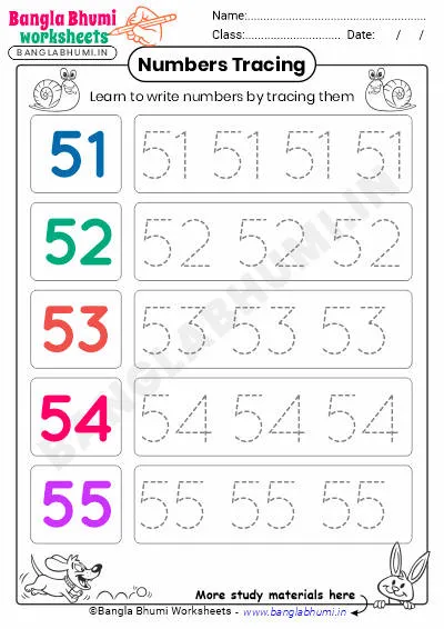 Free English Numbers Tracing Worksheet 51-55 PDF