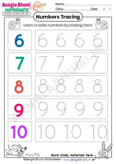 Free English Numbers Tracing Worksheet 6-10 PDF