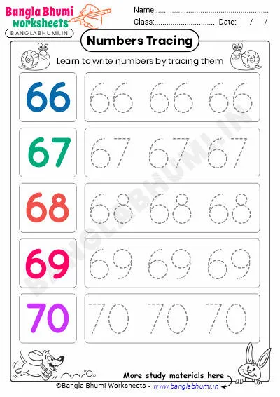 Free English Numbers Tracing Worksheet 66-70 PDF