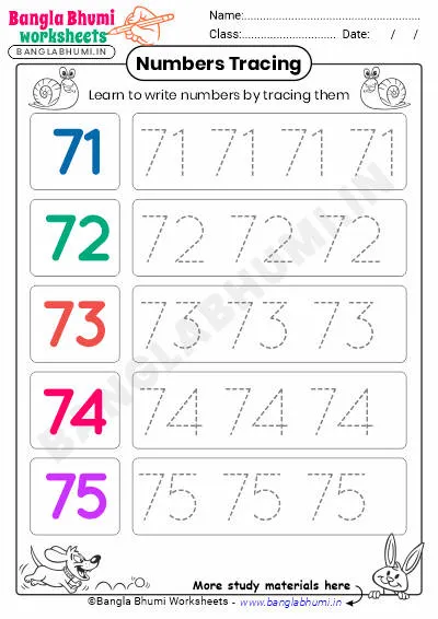 Free English Numbers Tracing Worksheet 71-75 PDF