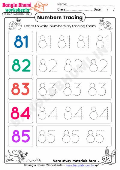 Free English Numbers Tracing Worksheet 81-85 PDF