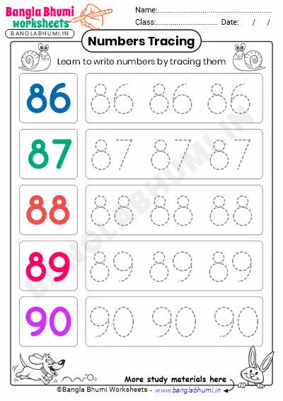 Free English Numbers Tracing Worksheet 86-90 PDF