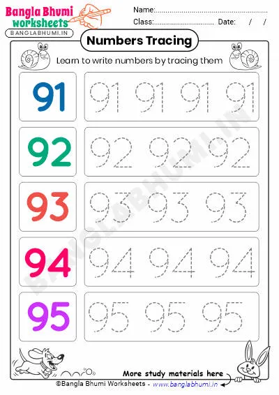 Free English Numbers Tracing Worksheet 91-95 PDF