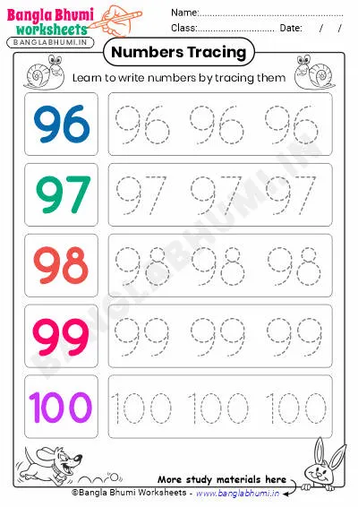 Free English Numbers Tracing Worksheet 96-100 PDF