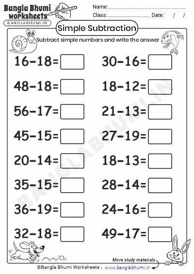 Free Simple Subtraction Worksheets Download