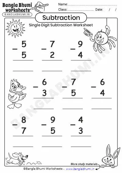 Free Single-Digit Subtraction Worksheet