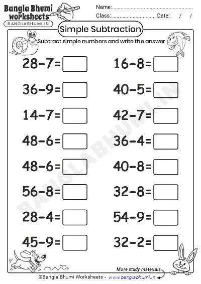 Simple Subtraction Worksheets Download PDF