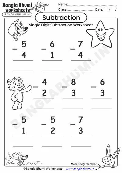 Single-Digit Subtraction PDF Worksheet